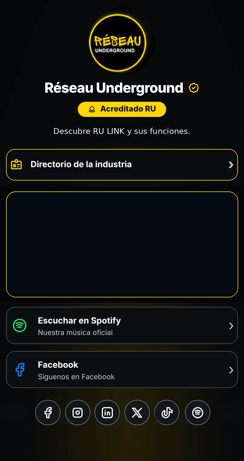 Vista previa estática de RU LINK: perfil oscuro, enlaces legibles, video y redes sociales